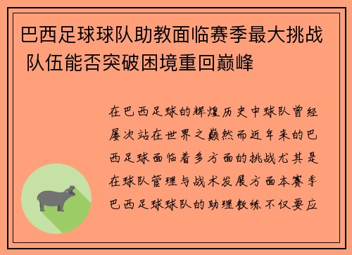 巴西足球球队助教面临赛季最大挑战 队伍能否突破困境重回巅峰