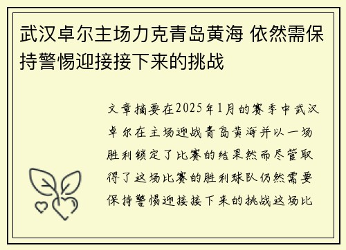 武汉卓尔主场力克青岛黄海 依然需保持警惕迎接接下来的挑战